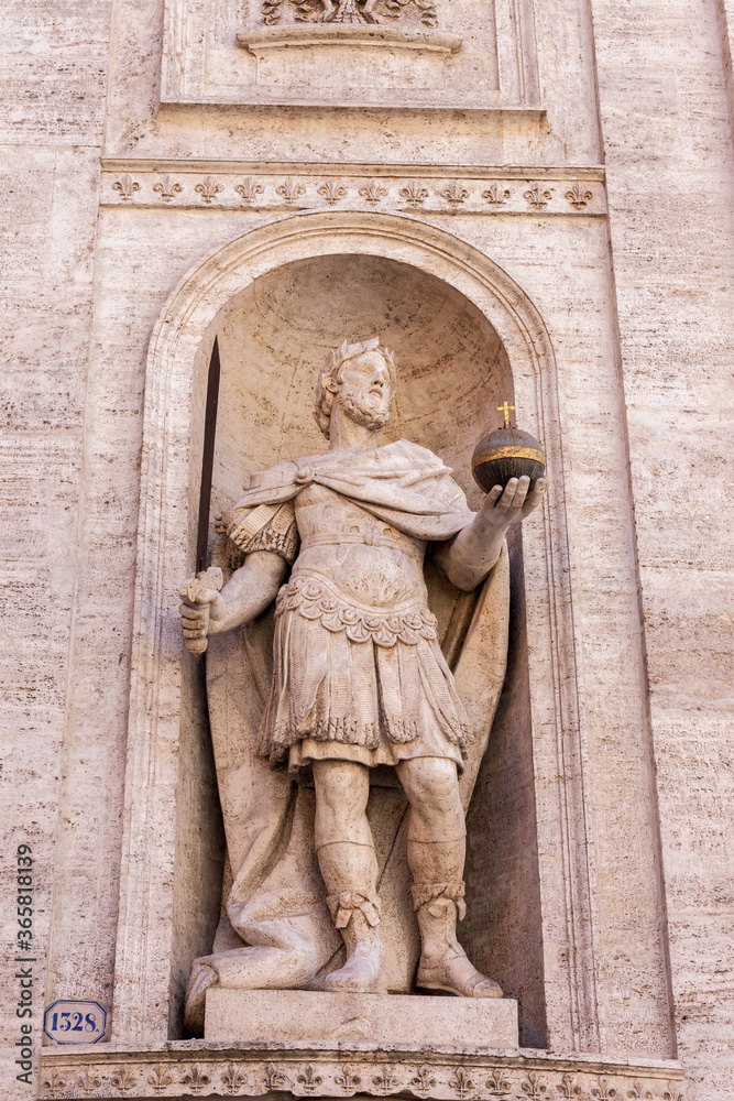 ROME, ITALY - 2014 AUGUST 18. Statue on the Facade of Chiesa di San Luigi dei Francesi - Church of St Louis of the French, Rome