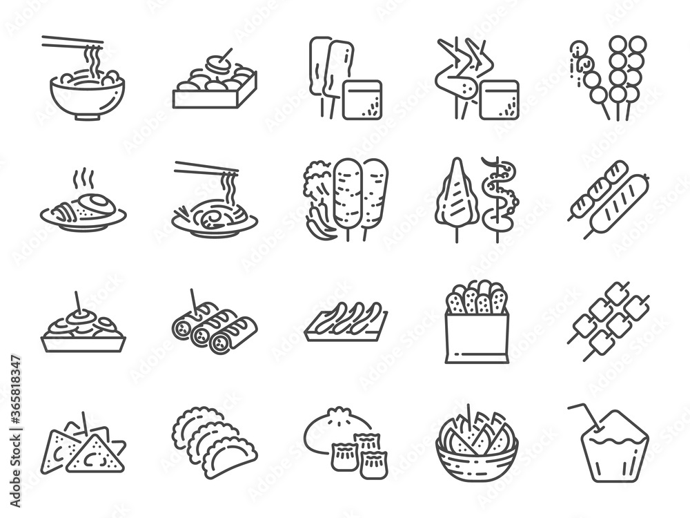 Thai street food line icon set. Included the icons as dumplings, skewer, sausage, grilled chicken wings, asian style, fruit bowl, pad thai and more.