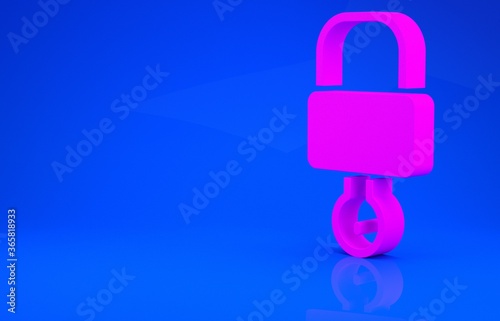 Pink Lock and key icon isolated on blue background. Padlock sign. Security, safety, protection, privacy concept. Minimalism concept. 3d illustration. 3D render.