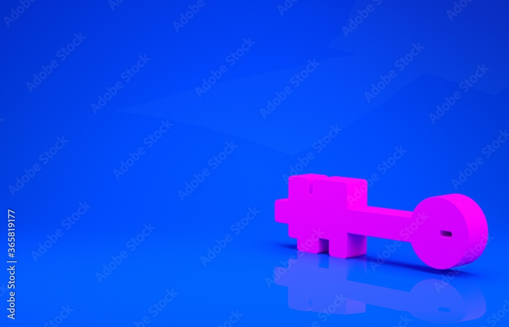 Pink Old key icon isolated on blue background. Minimalism concept. 3d illustration. 3D render. Pink Old key icon isolated on blue background. Minimalism concept. 3d illustration. 3D render.