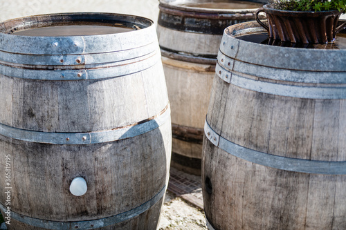 Many old gray dark large barrels for wine