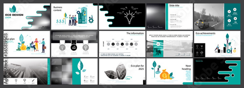 Eco-design City business. Presentation template, geometric shapes background, green and black elements. Teamwork, businessman, nature and trees. Use in flyers and SEO, webinar pages.Vector infographic