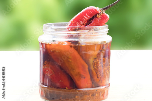 Red chilli pickle displayed in green background photo