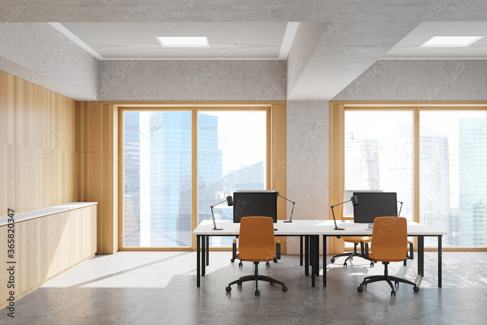 Fototapeta premium Workplace in wooden open space office interior
