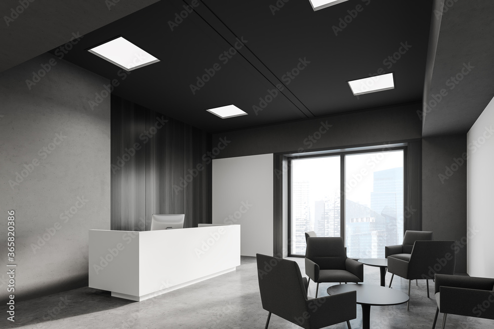 Grey office corner with reception and lounge Grey office corner with reception and lounge