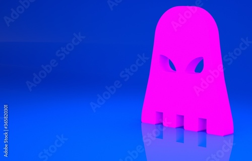 Pink Executioner mask icon isolated on blue background. Hangman, torturer, executor, tormentor, butcher, headsman icon. Minimalism concept. 3d illustration. 3D render.. photo