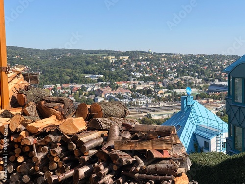 Holzhaufen neben blauem Dach