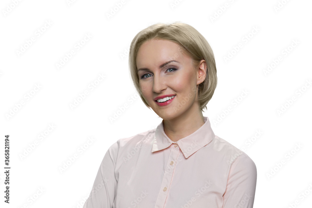 Portrait of smiling blond woman isolated on white. Happy positive mature middle aged lady wearing formal shirt. Portrait of smiling blond woman isolated on white. Happy positive mature middle aged lady wearing formal shirt.
