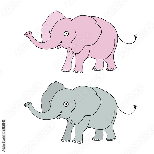 Happy pink elephant and happy gray elephant. Cartoon vector illustration isolated on white background. 