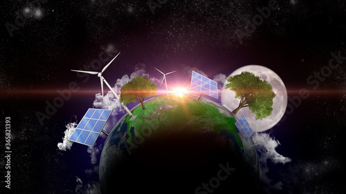 Green planet. Renewable energy and efficency concept. Environmental biodiversity. Render 3D. Some Elements Of This Image Provided By NASA photo