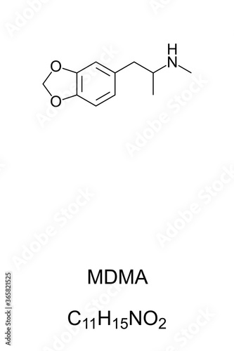 MDMA, known as ecstasy, E, or molly, chemical structure and formula. Psychoactive drug used for recreational purposes, but with bad adverse effects and illegal in most countries. Illustration. Vector.