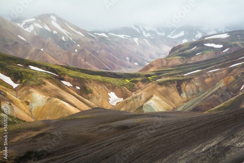 Landmannalaugar rainbow mountains, a place in the Fjallabak Nature Reserve in the Highlands of Iceland.It is known for its natural geothermal hot springs and surrounding landscape.