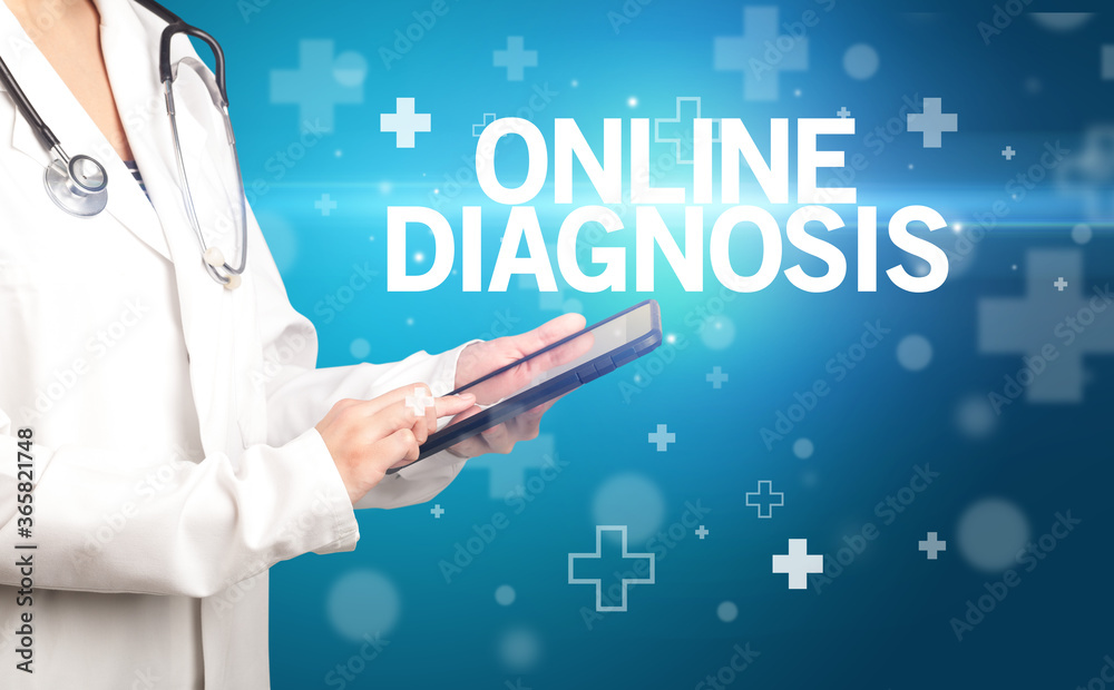 doctor writes notes on the clipboard with ONLINE DIAGNOSIS inscription, first aid concept doctor writes notes on the clipboard with ONLINE DIAGNOSIS inscription, first aid concept