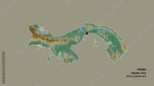 Darién, province of Panama, with its capital, localized, outlined and zoomed with informative overlays on a relief map in the Stereographic projection. Animation 3D photo