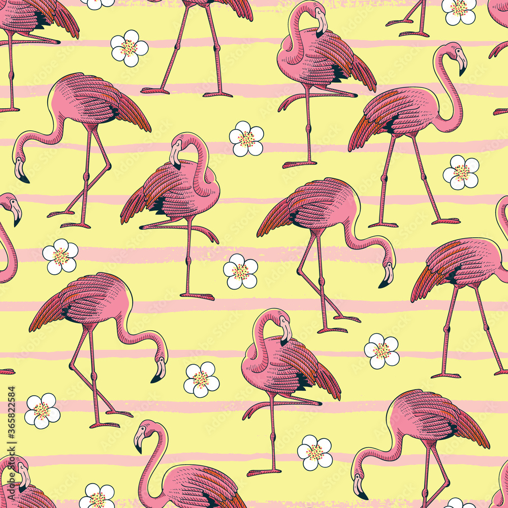 Summer Tropical Flamingo and Flowers Striped Vector Seamless Pattern Summer Tropical Flamingo and Flowers Striped Vector Seamless Pattern