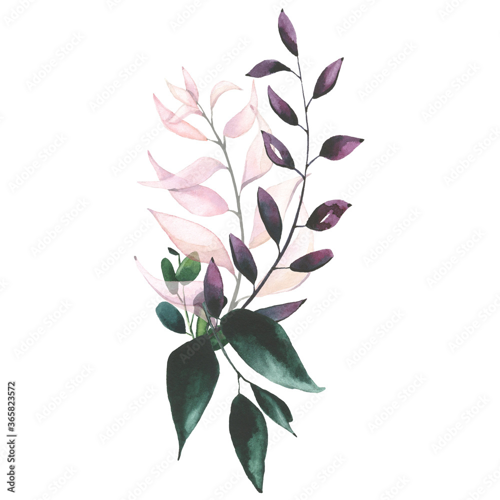 Watercolor hand painted green, pink and violet leaves bouquet. Isolated floral arrangement on white background Watercolor hand painted green, pink and violet leaves bouquet. Isolated floral arrangement on white background
