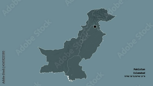 Punjab, province of Pakistan, with its capital, localized, outlined and zoomed with informative overlays on a administrative map in the Stereographic projection. Animation 3D photo