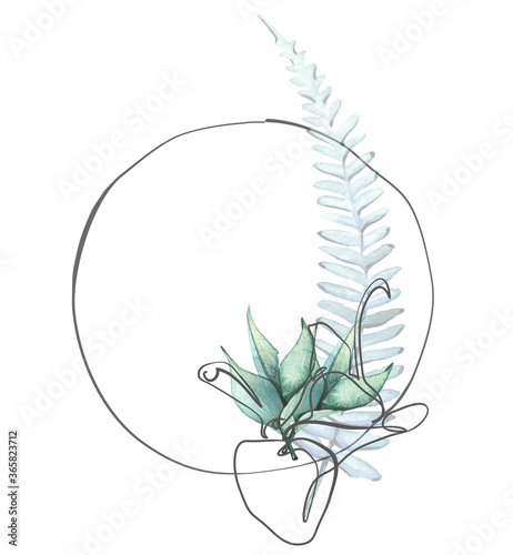 Watercolor hand painted turquoise leaves and geometric line art. Isolated floral arrangement on white background