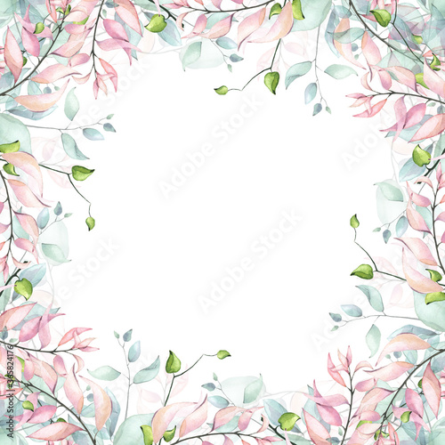 Wallpaper Mural Watercolor hand painted pink, turquoise and green leaves delicate frame. Isolated floral arrangement on white background Torontodigital.ca