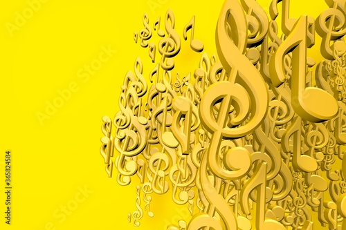 3D yellow music symbols isolated on yellow background. Music notes, treble clef, signs with copy space. 3d render illustration