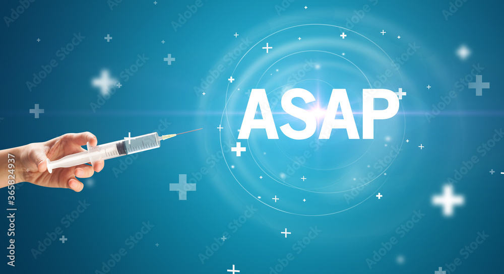 Syringe needle with virus vaccine and ASAP abbreviation, antidote concept