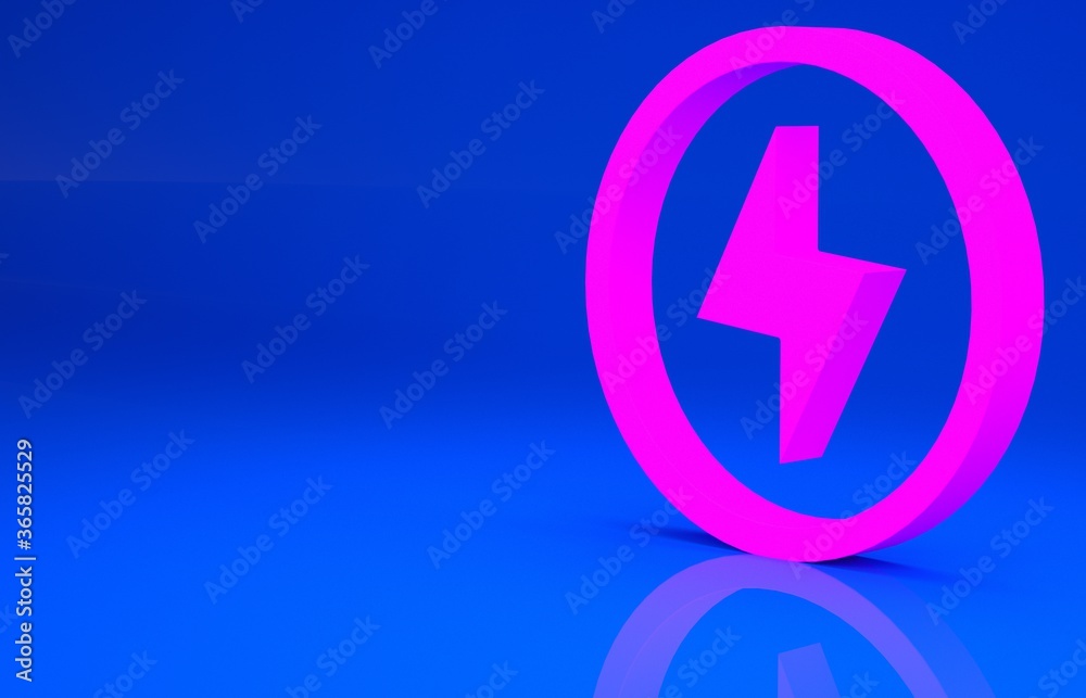 Pink Lightning bolt icon isolated on blue background. Flash sign. Charge flash icon. Thunder bolt. Lighting strike. Minimalism concept. 3d illustration. 3D render.. Pink Lightning bolt icon isolated on blue background. Flash sign. Charge flash icon. Thunder bolt. Lighting strike. Minimalism concept. 3d illustration. 3D render..