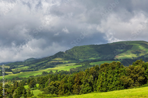 Landscape of hilly valley Sao Miguel island, Portugal