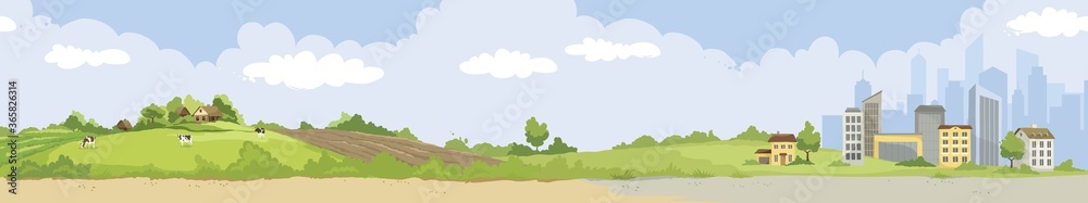 From village to city. Vector illustration, urban and rural landscapes. From village to city. Vector illustration, urban and rural landscapes.