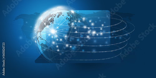 Abstract Blue Minimal Style Cloud Computing, Networks, Telecommunications Concept Design with Polygonal Mesh, Glowing Lines of Binary Code, Laptop Computer and Earth Globe - Vector Illustration