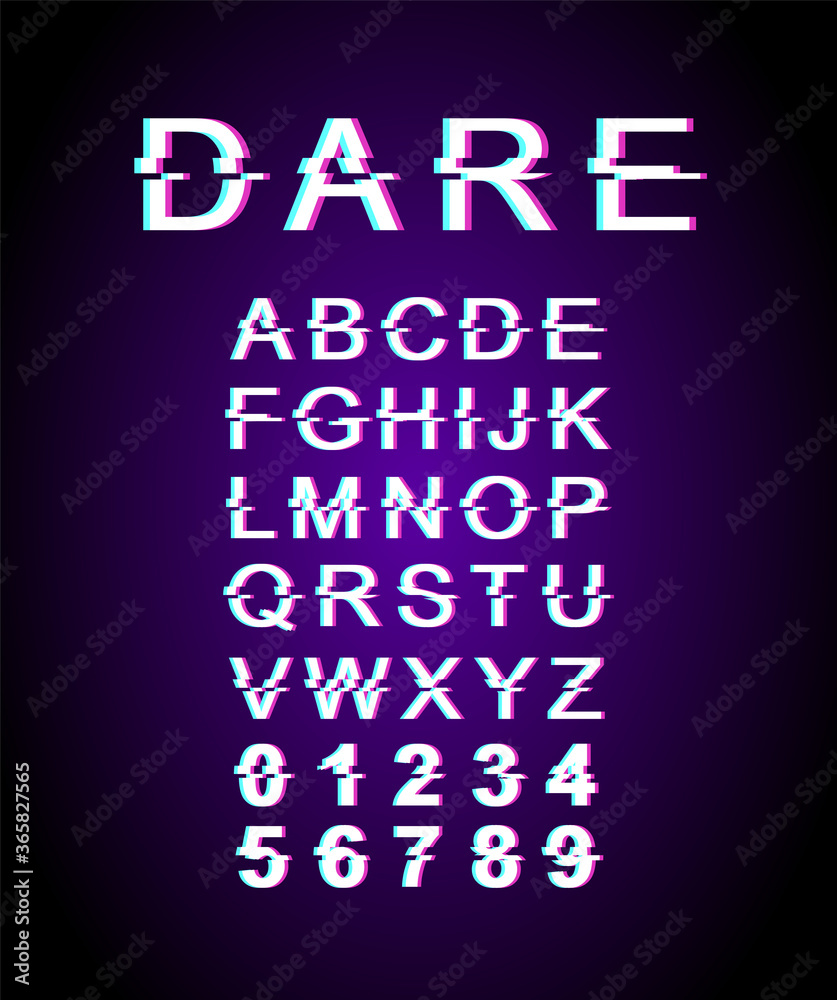 Dare glitch font template. Retro futuristic style vector alphabet set on violet background. Capital letters, numbers and symbols. Inspiring challenge typeface design with distortion effect