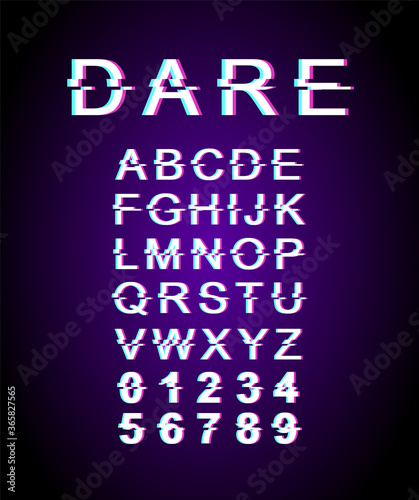 Dare glitch font template. Retro futuristic style vector alphabet set on violet background. Capital letters, numbers and symbols. Inspiring challenge typeface design with distortion effect © The img