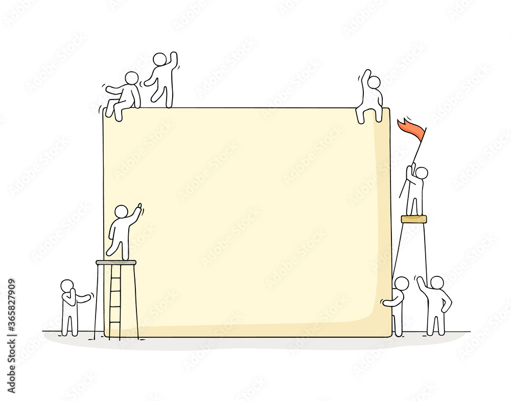 Cartoon working little people with big board.
