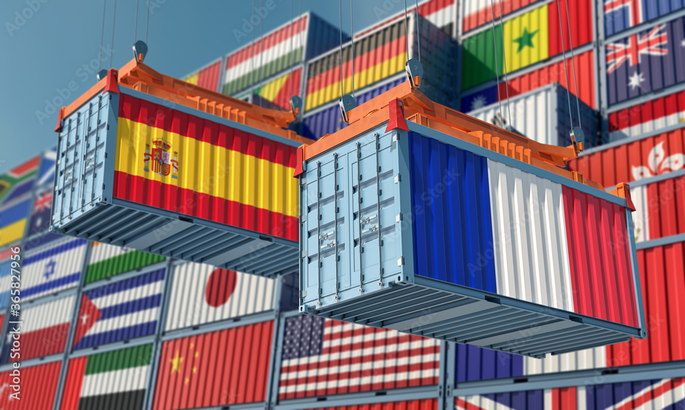 Freight containers with Spain and France flag. 3D Rendering 
