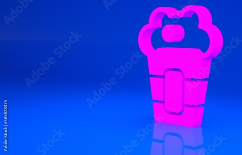 Pink Popcorn in cardboard box icon isolated on blue background. Popcorn bucket box. Minimalism concept. 3d illustration. 3D render..