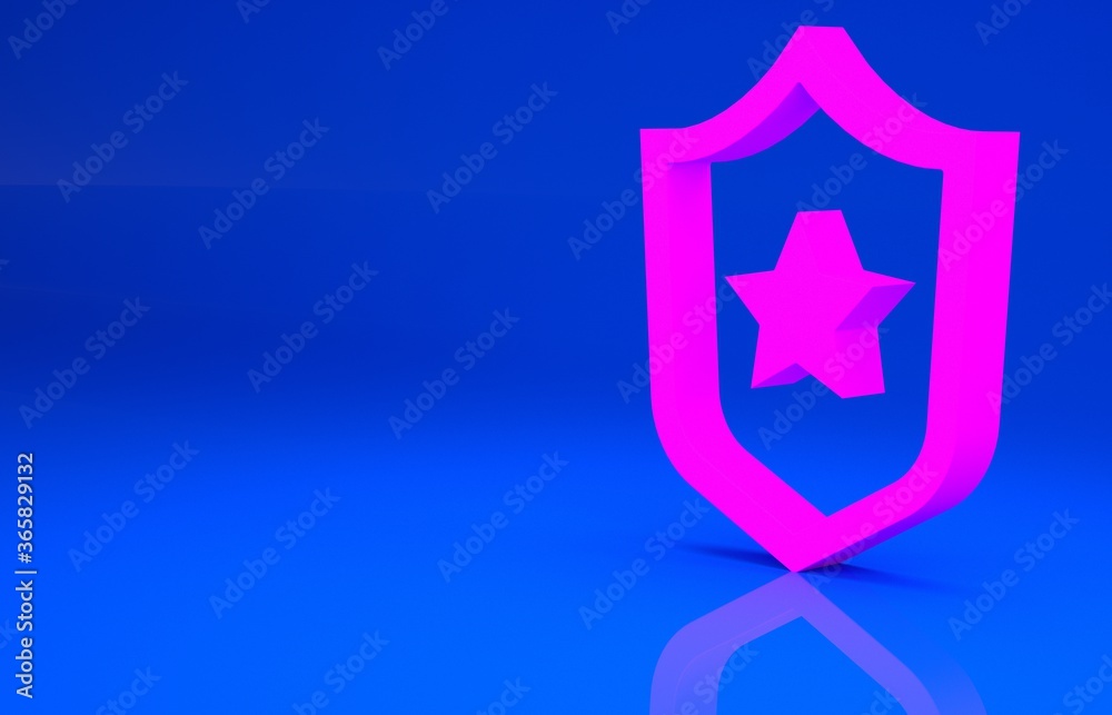 Pink Police badge icon isolated on blue background. Sheriff badge sign. Shield with star symbol. Minimalism concept. 3d illustration. 3D render.. Pink Police badge icon isolated on blue background. Sheriff badge sign. Shield with star symbol. Minimalism concept. 3d illustration. 3D render..