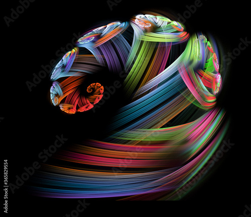 Multi-colored rays diverge from the center in different directions on a black background. Spirals are formed at the end of the rays. Abstract fractal dynamic background. 3d rendering. 3d illustration