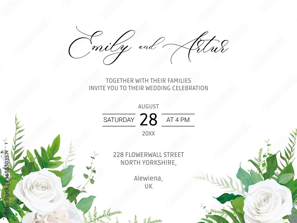 Wedding invitation, invite, save the date card with elegant floral vector art illustration. Watercolor garden ivory white peony roses, green eucalyptus branch, fern greenery. Botanical rustic template