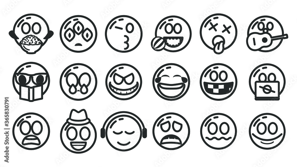Set Of DIfferent Black Line Smile Vector Icon Emoticons Sign Doodle