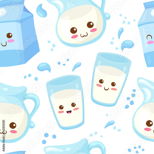 Kawaii funny Milk Glass, Jug & Package characters seamless pattern on white background. Happy smiling food mascot vector illustration isolated on white background. Wrapping paper, postcard concept.