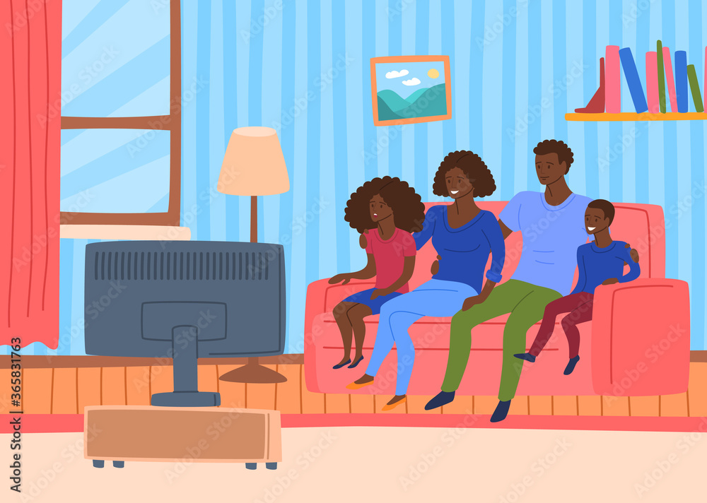 Cartoon Color Characters People Afro American Family Watching Tv Concept.  Vector Stock Vector | Adobe Stock