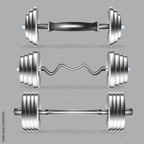 Realistic Detailed 3d Shiny Metal Barbell Set. Vector