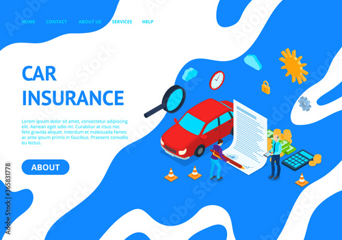 Car Insurance Concept Card Landing Web Page Template 3d Isometric View. Vector