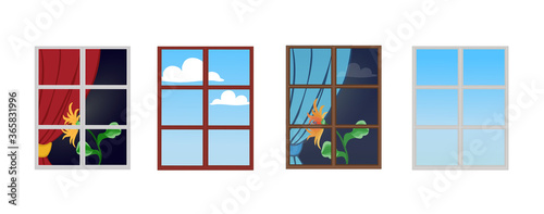 Set of window frames with flower on windowsill, reflection of sunny day in glass, view from window at sky with clouds.