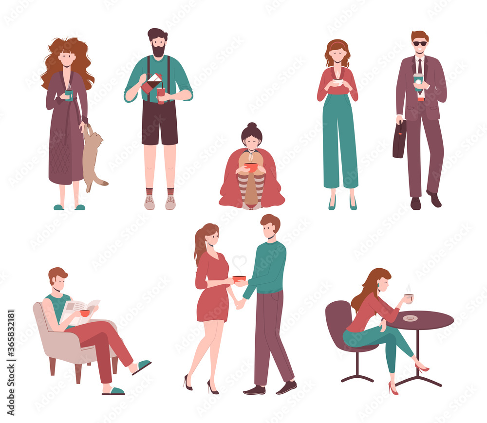 Cartoon Color Characters People Drinking Coffee Concept. Vector