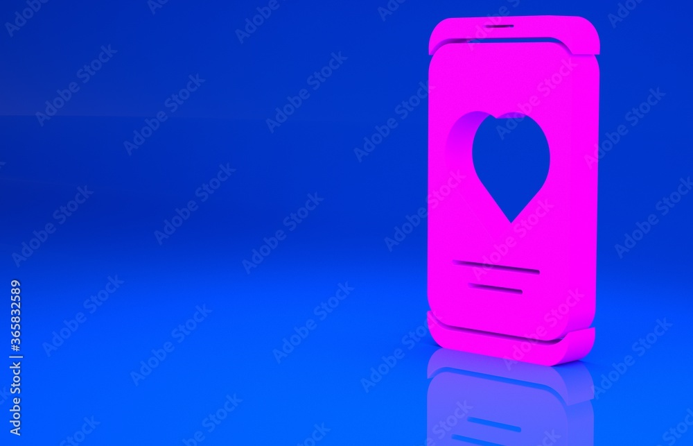 Pink Smartphone with heart rate monitor function icon isolated on blue background. Minimalism concept. 3d illustration. 3D render.. Pink Smartphone with heart rate monitor function icon isolated on blue background. Minimalism concept. 3d illustration. 3D render..
