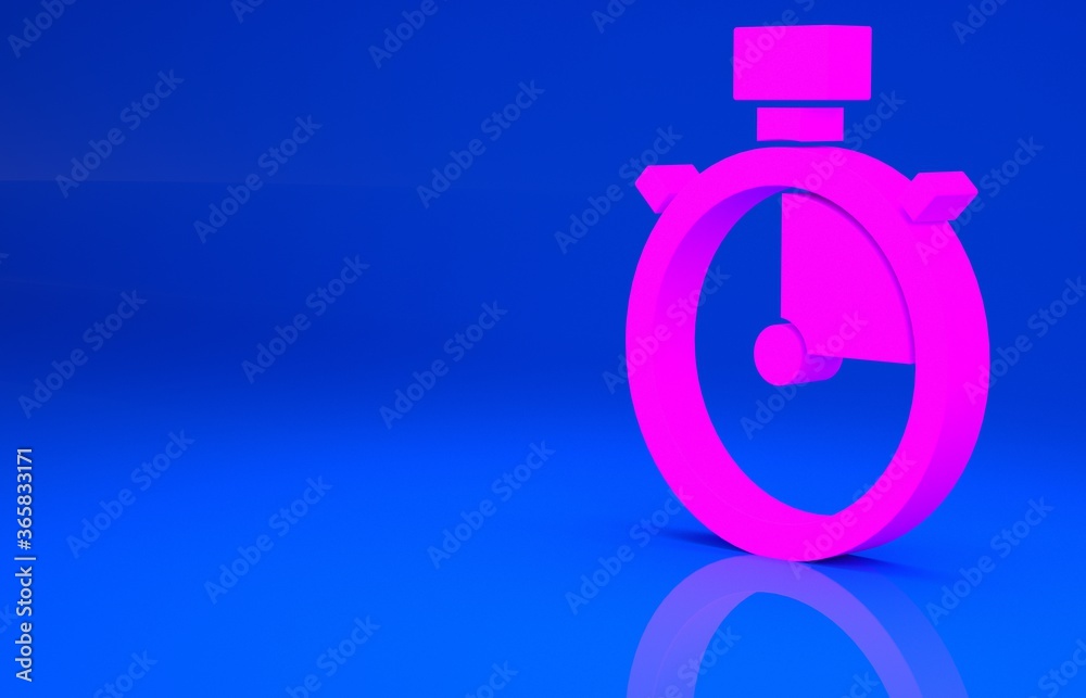 Pink Stopwatch icon isolated on blue background. Time timer sign. Chronometer sign. Minimalism concept. 3d illustration. 3D render..