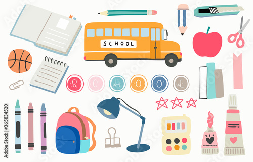 back to school object with pencil,bus,book,pen,ball. illustration for logo,sticker,postcard,birthday invitation.Editable element