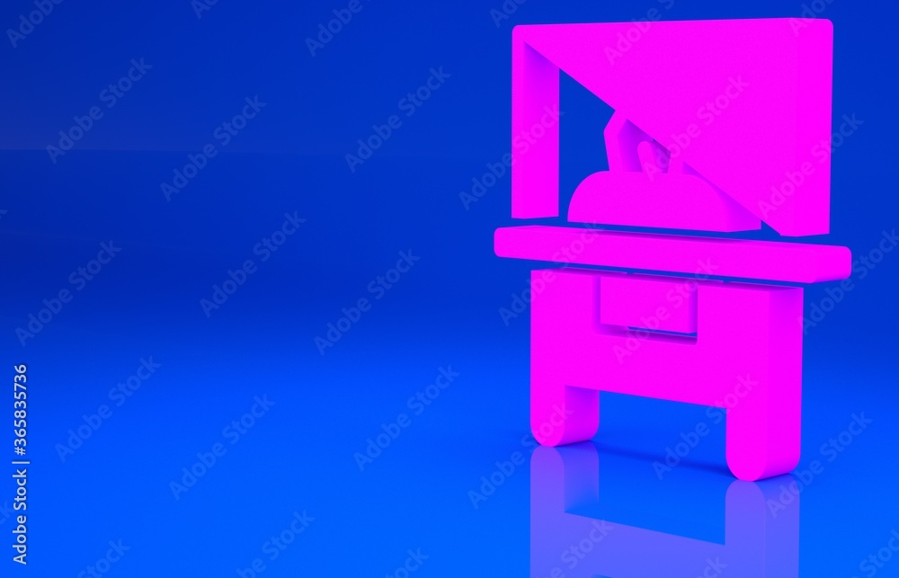 Pink Glass showcase for exhibit icon isolated on blue background. Minimalism concept. 3d illustration. 3D render.. Pink Glass showcase for exhibit icon isolated on blue background. Minimalism concept. 3d illustration. 3D render..