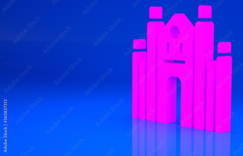 Pink Milan Cathedral or Duomo di Milano icon isolated on blue background. Famous landmark of Milan, Italy. Minimalism concept. 3d illustration. 3D render..