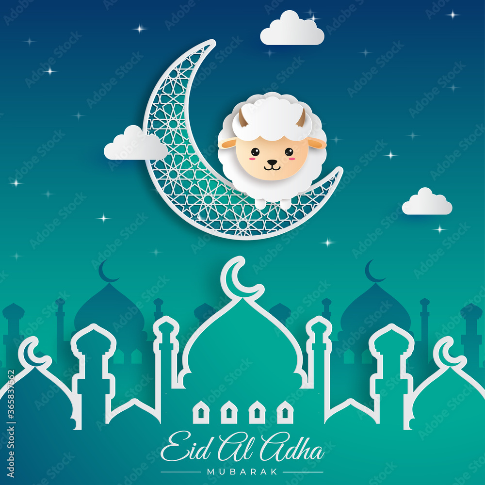 Fototapeta premium Eid al-Adha greeting card designs with illustrations of sheep, crescent, mosque, cloud on night view for the concept of Muslim Festival celebrations.